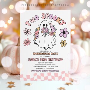 Editable Two Spooky Halloween Ghost 2nd Birthday Invitation Retro Groovy Pink Ghost Halloween Birthday Party Instant Download UW8