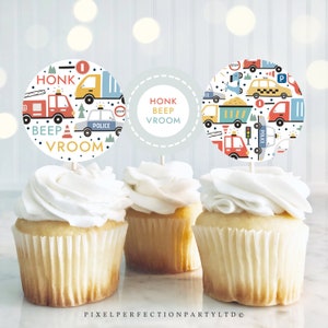 Transportation Birthday Cupcake Toppers Trucks Cars Diggers Tractor First Responders Birthday Party Favors Tags Labels Instant Download AUH