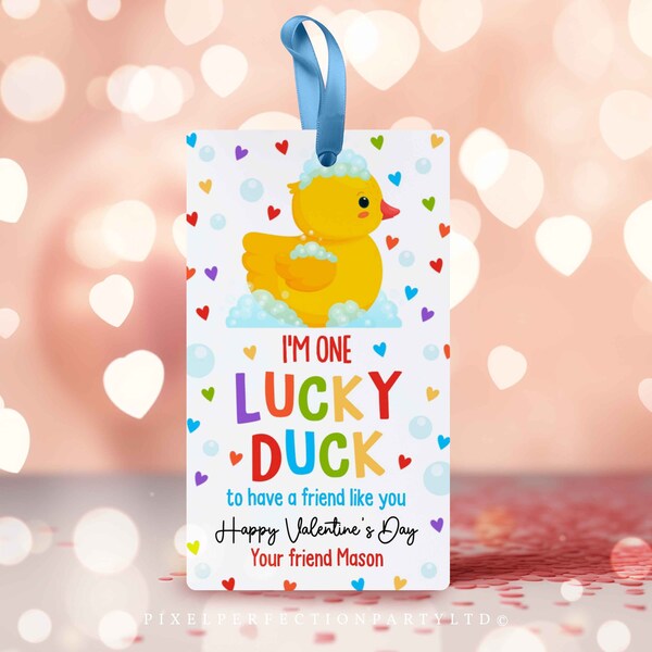 Editable Valentines Rubber Duck Gift Tag One Lucky Duck Valentines Day Tag Non Candy Classroom Valentine's Day Tag Instant Download VL