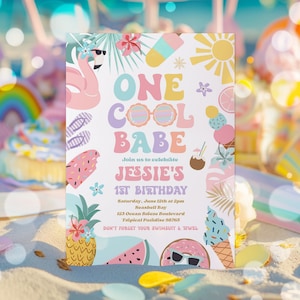 Editable One Cool Babe 1st Birthday Party Invitation Tropical Summer Splish Splash Girly 1st Birthday Party Pool Party Instant Download FK