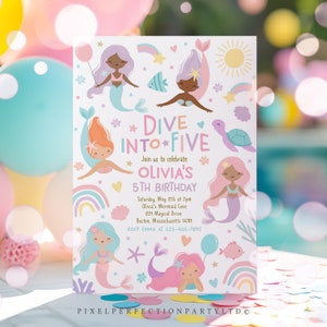 Editable Mermaid Dive Into Five Birthday Party Invitation Cute Whimsical Girly Mermaid Under The Sea Mermaid Birthday Instant Download S4