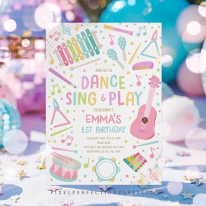 Peut inclure: Une invitation colorée pour une fête de premier anniversaire sur le thème de la musique. L'invitation présente une variété d'instruments de musique, dont un xylophone, une guitare, une batterie et un tambourin. Le texte sur l'invitation indique "Rejoignez-nous pour danser, chanter et jouer pour célébrer le 1er anniversaire d'Emma".