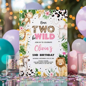 Editable Born To be Wild Leopard Print Safari Animals Birthday Party Invitation Leopard Print Born Two Wild Birthday Party Download EG