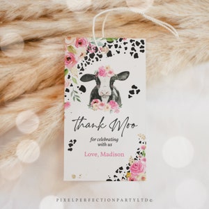 Editable Cow Birthday Party Favor Tags Holy Cow I'm One Birthday Decor Pink Floral Farm Cow 1st Birthday Favors Instant Download Editable CJ