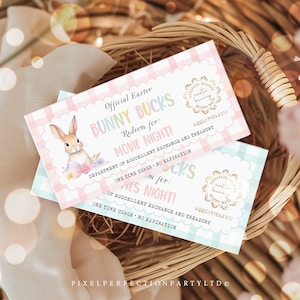 May include: Two pink and blue Easter bunny bucks tickets with a cartoon bunny rabbit illustration. The tickets are decorated with a checkered pattern and gold foil accents. The text on the tickets reads "Official Easter Bunny Bucks" and "Redeem for: Movie Night!"