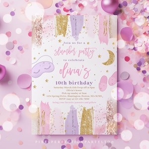 Editable Slumber Birthday Party Invitation Sleepover Birthday Party Invitation Pink & Gold Spa Tween Teen Birthday Party Instant Download K7