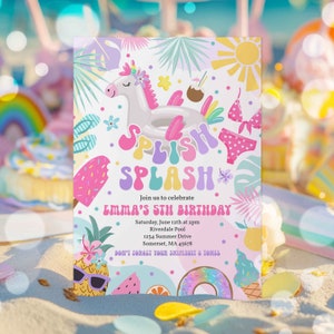 Editable Tropical Unicorn Splish Splash Water Birthday Party Invitation Girly Splash Pad Water Slide Paddling Pool Party Instant Download JC