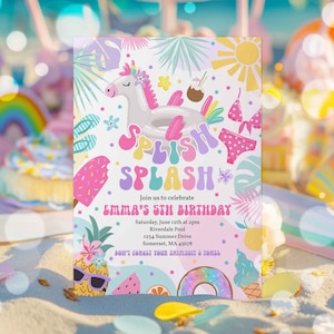 Editable Tropical Unicorn Splish Splash Water Birthday Party Invitation Girly Splash Pad Water Slide Paddling Pool Party Instant Download JC