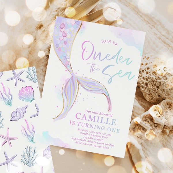Editable Mermaid ONEder The Sea 1st Birthday Invitation Purple Mint Gold Whimsical Mermaid 1st Birthday Party Instant Download ZL