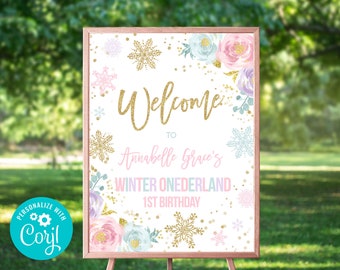 Winter ONEderland Birthday Poster Pink And Gold Winter ONEderland 1st Birthday Milestone Poster Instant Download Editable File Corjl 1K