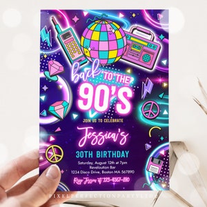 Editable 90s Birthday Party Invitation Back To The 90s Neon Retro Rewind 1990s Disco Dance 30th Birthday 2000s Y2K 90s Party Instant File Y7