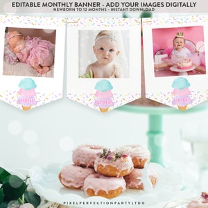 Editable Ice Cream Monthly Photo Banner Pink Girl Ice Cream 1st Birthday Monthly Photo Banner Sweet One Ice Cream Party Instant Download WC image 2