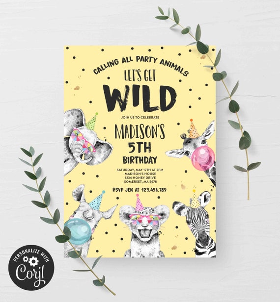 Editable Party Animals Birthday Invitation Safari Animals Birthday Invite Girl Safari Modern Monochrome Safari Party Instant Download PS Il_570xn