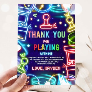 Editable Arcade Party Thank You Card Boy Neon Glow Retro Video Gaming Arcade Birthday Party Neon Glow Gaming Party Instant Download C4