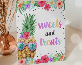 Hawaiian Luau Birthday Sweets And Treats Sign Pineapple 1st Birthday Party Luau Birthday Luau Pineapple Pool Party Instant download P5