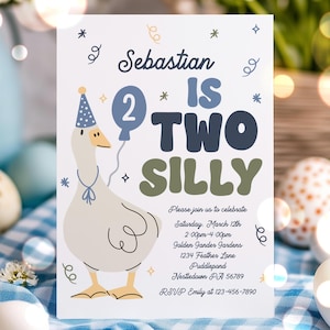 Editable Two Silly Goose Birthday Party Invitation Blue Goose Two Silly 2nd Birthday Party Daisy Spring 2nd Birthday Instant Download SG0