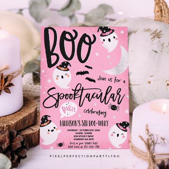 Editable Halloween Pink Ghost Birthday Invitation Girly Cute Spooky Ghost Birthday Party Spooktacular Halloween Party Instant Download SG Il_570xn