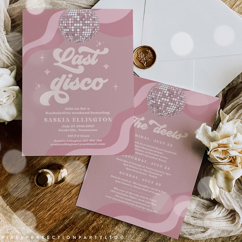 Editable Last Disco Retro Bachelorette Weekend Invitation And Itinerary Last Disco Groovy Retro 70s Bachelorette Invite Instant Download DN image 2