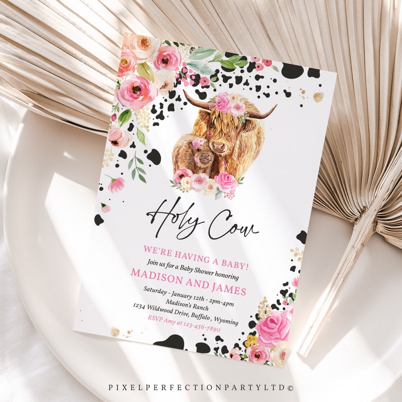 Editable Cow Baby Shower Invitation Holy Cow Were Having A Baby Pink Floral Highland Cow Ranch Baby Shower Invite Instant