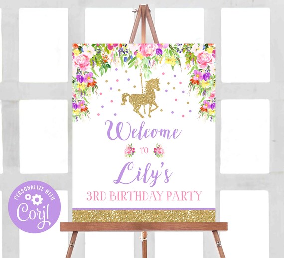 Editable Carousel Welcome Sign Floral Gold Horse Welcome Sign