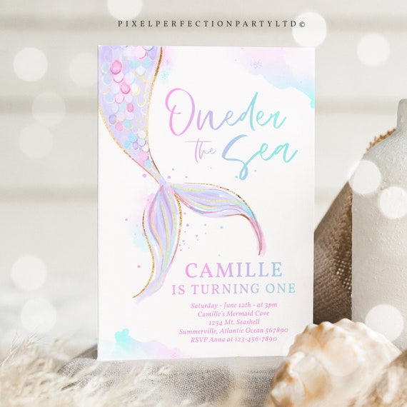 Editable Mermaid ONEder The Sea 1st Birthday Invitation Purple