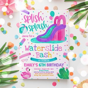 Editable Waterslide Birthday Party Invitation Water Slide Bash Summer Pool Party Girly Pink Pool Party BBQ Pool Party Instant Download AR afbeelding 2