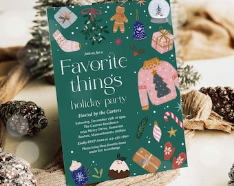 Op de afbeelding: Een groene kerstfeestuitnodiging met illustraties van feestelijke items zoals een peperkoekman, een kersttrui en een sneeuwbol. De tekst luidt "Doe mee met een Favoriete dingen kerstfeest Georganiseerd door de Carters Zaterdag 15 december om 17:00 uur De residentie van de Carters 1234 Merry Drive, Somerset Boston, Massachusetts 567890 Graag RSVP Anna op 123-456-7890 Breng drie favoriete items mee onder €10 om te ruilen"