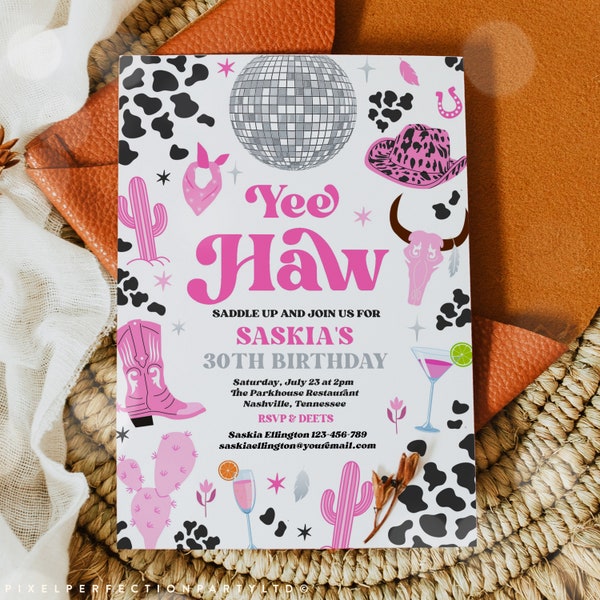 Editable Space Cowgirl Birthday Invitation Pink Cowgirl Nashville Rodeo Disco Cowgirl Adult's Birthday Any Age Party Instant Download UL