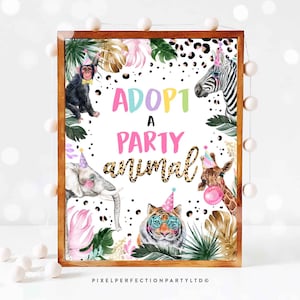 Safari animales adoptar una fiesta animal cumpleaños signo mesa signo selva salvaje niño fiesta Safari leopardo impresión fiesta animales descarga instantánea DL