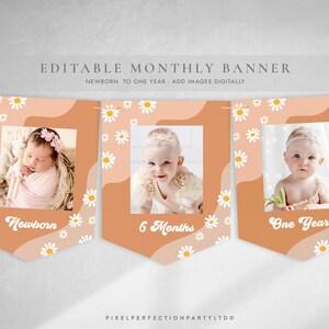 Editable Groovy Birthday Party Monthly Photo Banner Retro Groovy Floral 70&#39;s Birthday Party Hippie Festival Vibes Party Instant Download FR