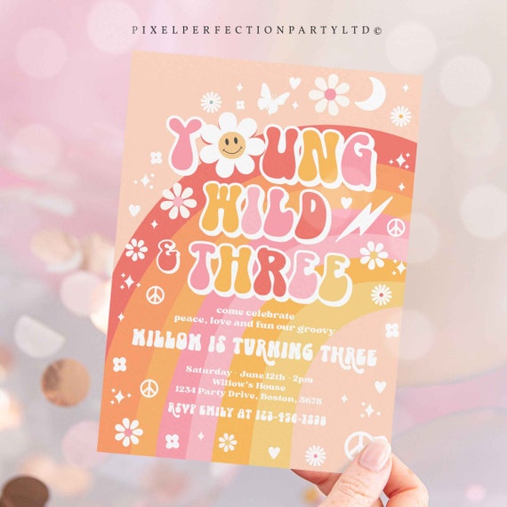 Editable Young Wild And Three 3rd Birthday Party Invitation Peace Love Groovy Rainbow Party Hippie 70s Birthday Instant Download QE Il_570xn