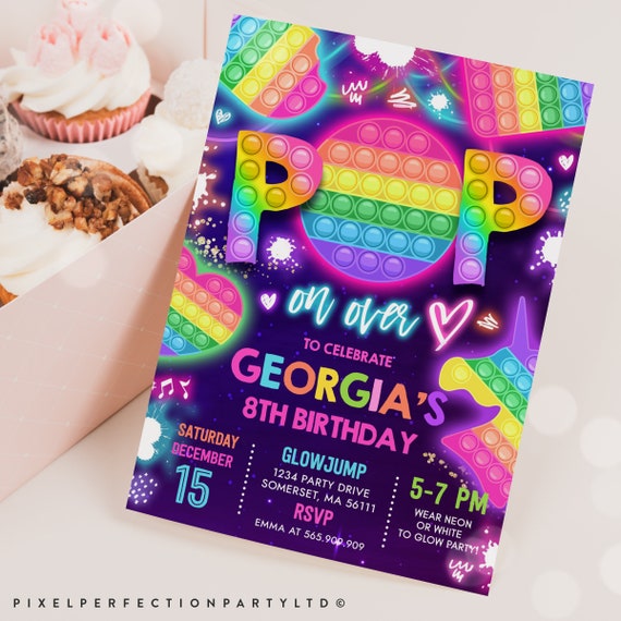 Editable Bubble Pop Toy Birthday Party Invitation Rainbow Neon Glow Popper Fidget Party Bubble Pop Toy Fidget Party Instant Editable File RP Il_570xn