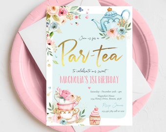 Editable Tea Party Birthday Invitation Pink & Gold Floral Par-Tea Birthday Invite Pink Gold Floral Whimsical Tea Party Instant Download 48