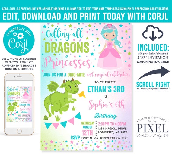 Princess And Dragon Birthday Invitation Sibling Princess And Dragon Party Sibling Girl Boy Dual Party Instant Download Editable PDF J9 Il_570xn