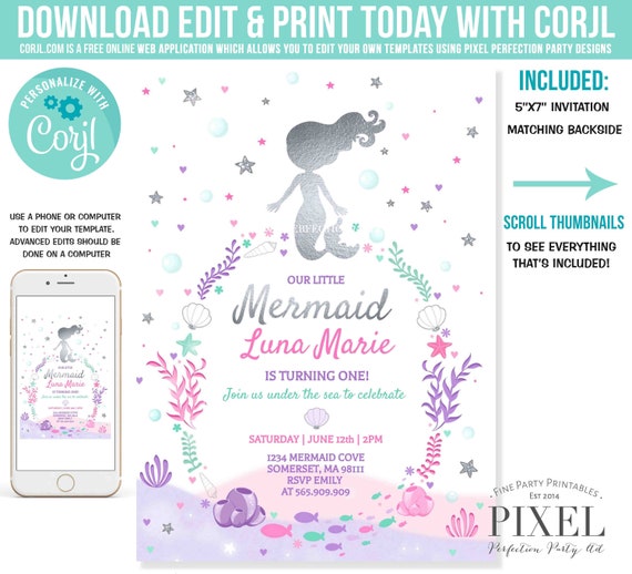 Mermaid Birthday Invitation Mermaid Birthday Party Invitation Whimsical Mermaid Under The Sea Party Instant Download Editable File 7F Il_570xn