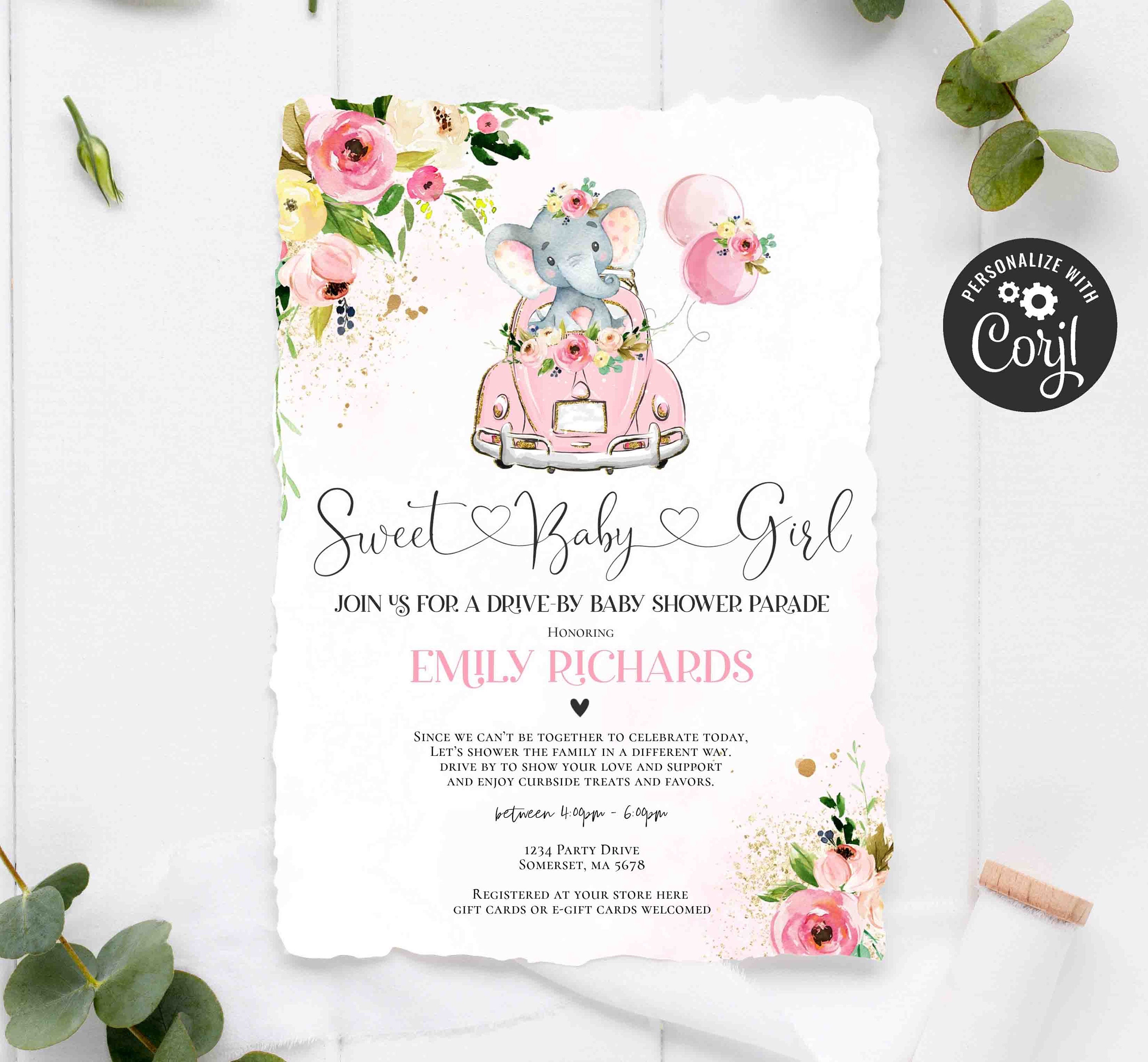 Invitations Paper & Party Supplies Editable Drive By Baby Shower Thank You Card Purple Elephant