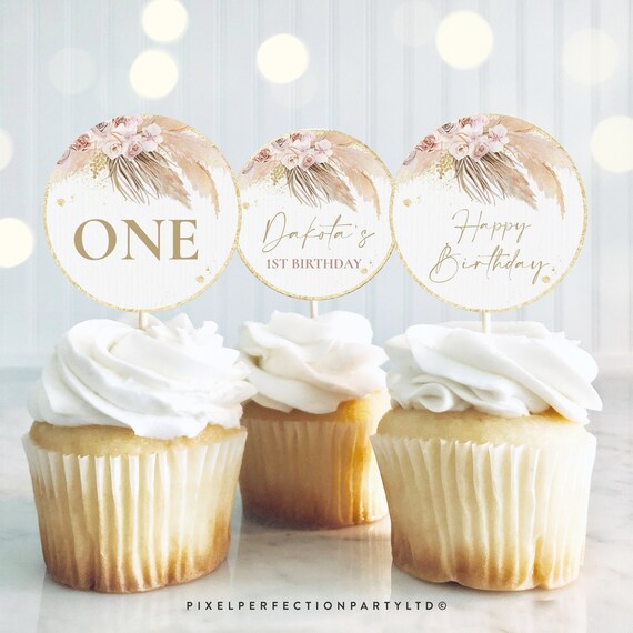 Editable Boho 1st Birthday Cupcake Toppers Pampas Grass Cupcake Toppers Stickers Gift Tags Bohemian 1st Birthday Party Instant Download PG Il_570xn