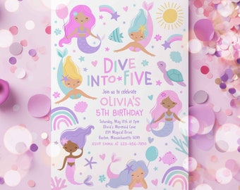 Editable Mermaid Dive Into Five Birthday Party Invitation Cute Whimsical Girly Mermaid Under The Sea Mermaid Birthday Instant Download SX