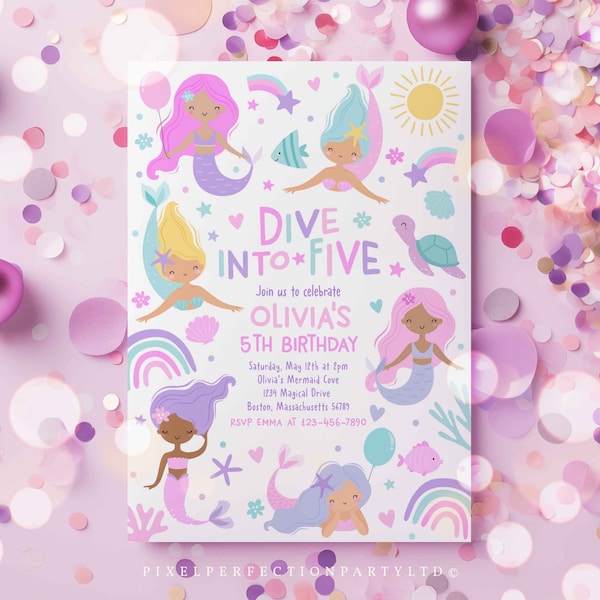 Editable Mermaid Dive Into Five Birthday Party Invitation Cute Whimsical Girly Mermaid Under The Sea Mermaid Birthday Instant Download SX