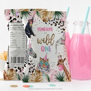 Editable Safari Chip Bag Safari Wild One Birthday Party Chip Bag Favors Jungle Animals Wild One Chip Pouch Party Favors Instant Download DL