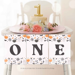 Orange Halloween Ghost Highchair Banner Neutral Ghost Spooky Party Spooktacular Halloween One 1st Birthday Banner Instant Download G8