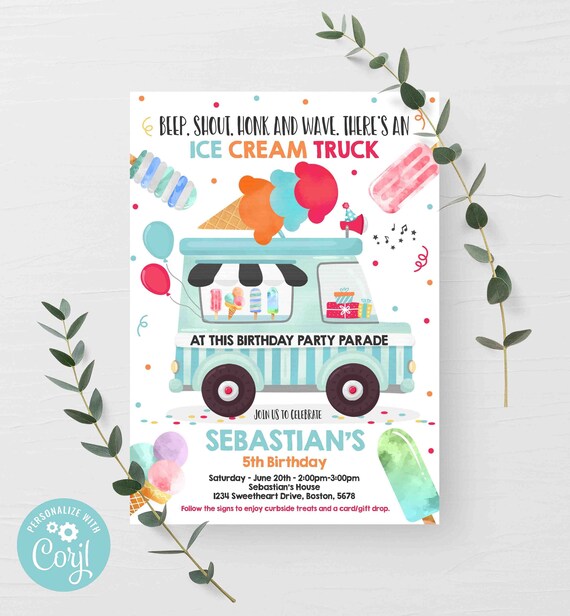 Editable Ice Cream Drive By Birthday Parade Invitation Ice Cream Drive Through Birthday Party Social Distancing Party Instant Download IC Il_570xn