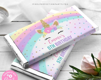 Editable Unicorn Candy Bar Wrapper Unicorn Chocolate Candy Bar Favor Label Wraps  Unicorn Party Favor Pink Gold Unicorn Instant Download UP1