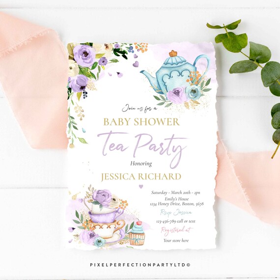 Editable Baby Shower Tea Party Invitation Purple & Gold Floral Girl A Baby Is Brewing Baby Shower Tea Party Invitation Instant Download TR Il_570xn