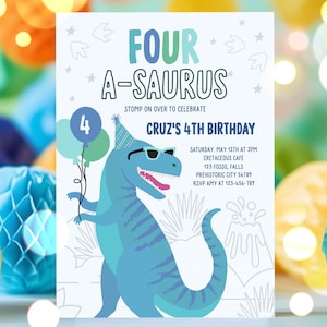 Editable Four-A-Saurus Dinosaur 4th Birthday Party Invitation Boy T-Rex Dinosaur 4th Birthday Party Cute Dinosaur 4th Birthday Download 2PT