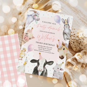 May include: A pink and white party invitation with a watercolor illustration of farm animals wearing party hats. The text reads "Calling All Party Animals Join Us To Celebrate Willow's Third Birthday" with details for the party.