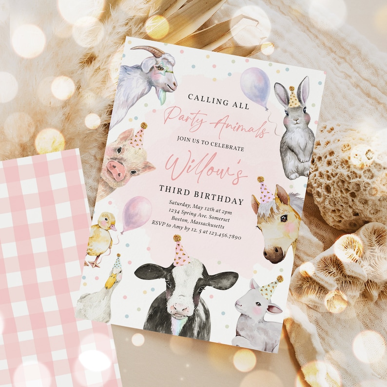 May include: A pink and white party invitation with a watercolor illustration of farm animals wearing party hats. The text reads "Calling All Party Animals Join Us To Celebrate Willow's Third Birthday" with details for the party.