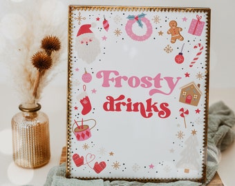 Christmas Birthday Party Frosty Drinks Sign Oh What Fun Christmas Birthday Red And Pink Girl Christmas Party Decor Instant Download HHY