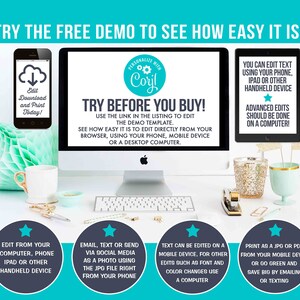 May include: A desktop computer, tablet, and smartphone are displayed with text that reads, "Try the Free Demo to See How Easy It Is!" The image promotes easy editing on various devices, including phones and computers. Additional text includes "Edit Download and Print Today!"