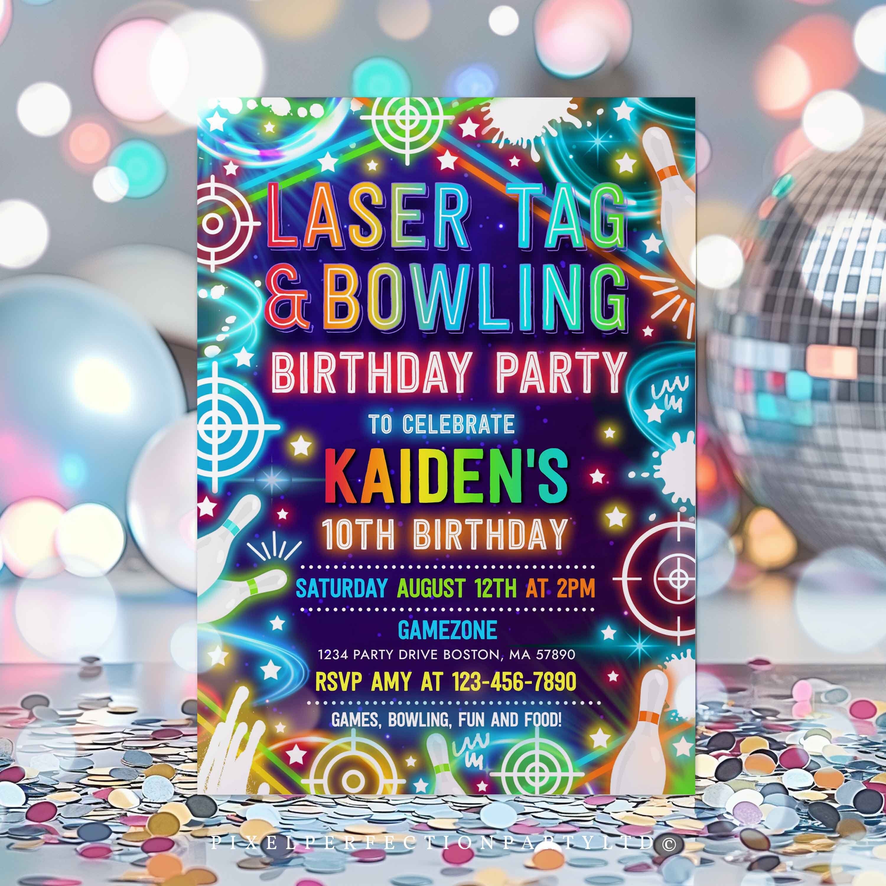 Editable Laser Tag Bowling Birthday Party Invitation Neon Glow Laser Tag  and Bowling Party Neon Glow Gaming Party Instant Download CM - Etsy, image size:3000x3000